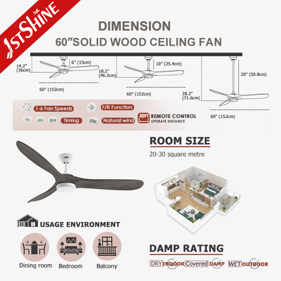 60" Ceiling Fan Light Quiet Indoor Decorative 3 Wood Blade Dc Motor