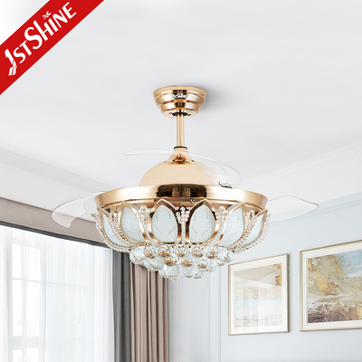 42 Inch Crystal Retractable Ceiling Fan Light Metal Copper ABS Blade